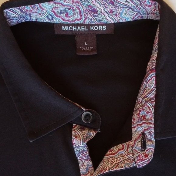 Michael Kors Cotton Knit Button Down Shirt L Paisley Contrast Collar - Picture 3 of 4